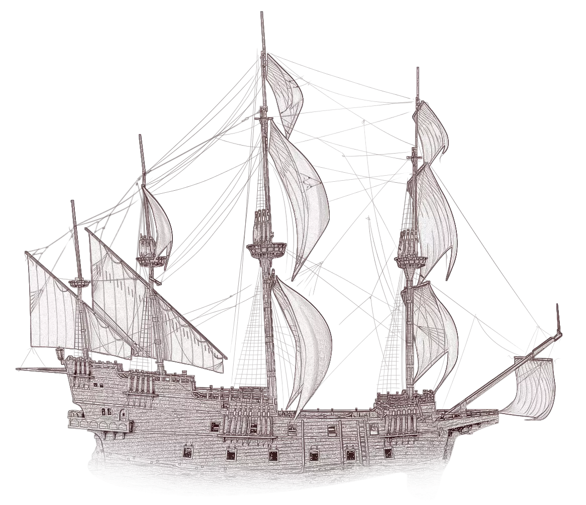 Engraving of a tall ship under sail